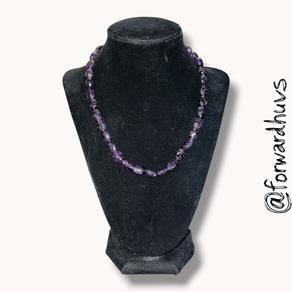 Vintage Carved Amethyst Gemstone Bead Necklace Purple 18” Silver Tone Clasp - Picture 5 of 8
